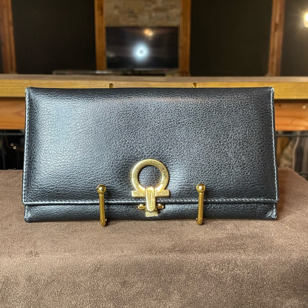 Ferragamo black leather long wallet